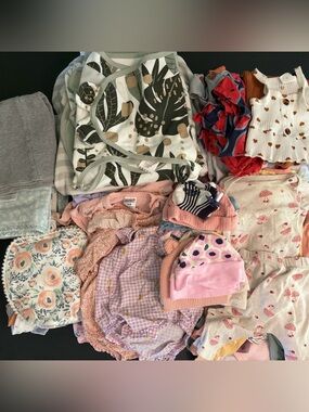 Bundle of 63 Pieces Assorted Baby Girls Clothes in Pink, Green, Cream NB-18M
